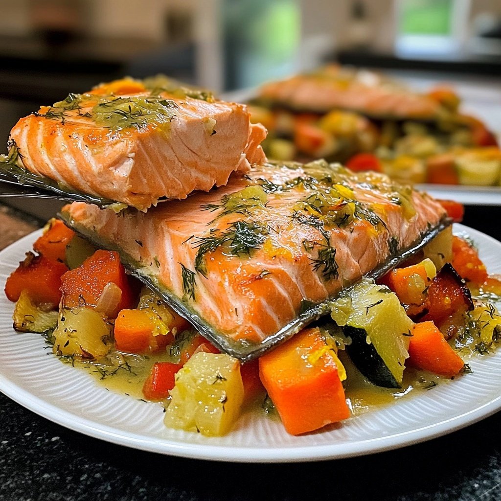 Lachs mit Ofengemüse & Zitronen-Dill-Sauce