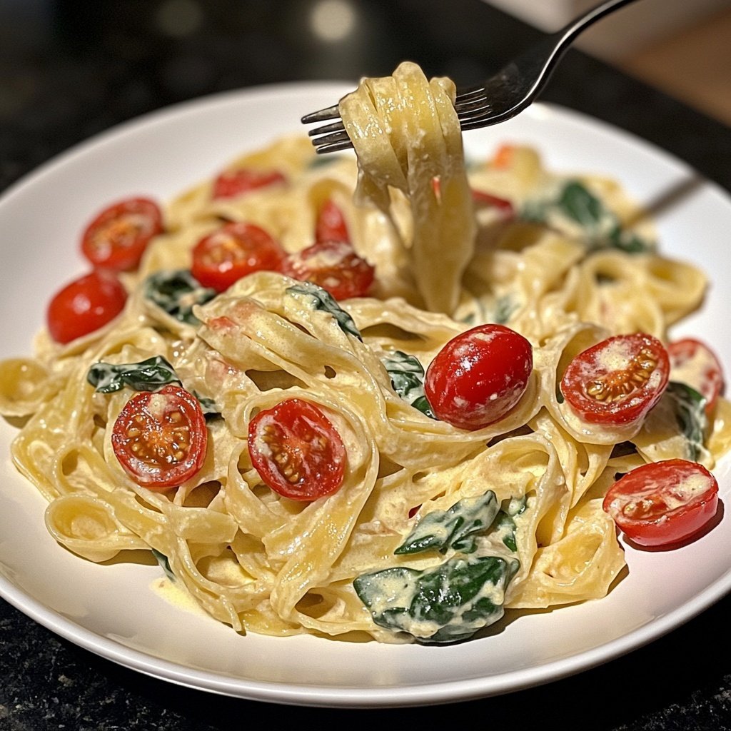 One-Pot Pasta mit Tomaten & Spinat