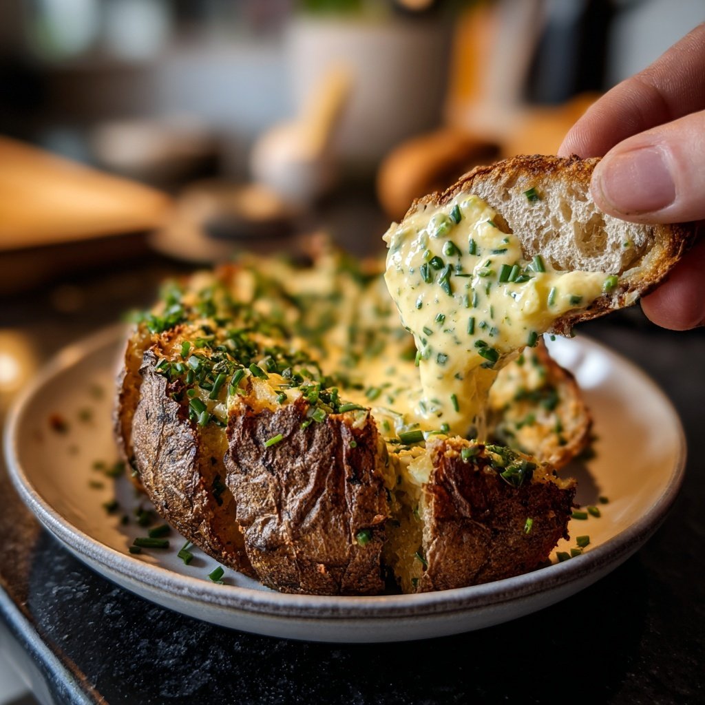 Mittagessen mit Ofenkartoffeln und Dip